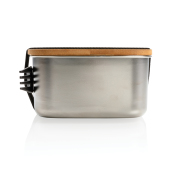 Rustfrit stål madkasse med bambuslåg og "spork", sølv