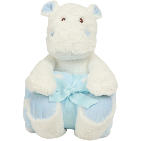 White hippo with printed fleece blanket White / Blue One Size
