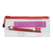 Transparant etui met pen, potlood, lineaal, gum en puntenslijper Transparant etui met pen, potlood, lineaal, gum en puntenslijper
