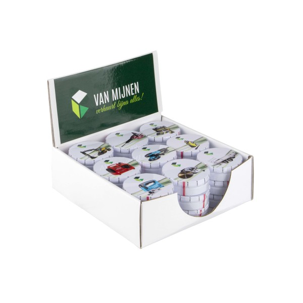 Display doos met eigen ontwerp blikjes en sticker Display doos met eigen ontwerp blikjes en sticker
