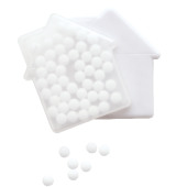 Huis mintdispenser met ca. 8 gr. mintjes en ingredienten label. TAMPONDRUK Huis mintdispenser met ca. 8 gr. mintjes en ingredienten label. TAMPONDRUK