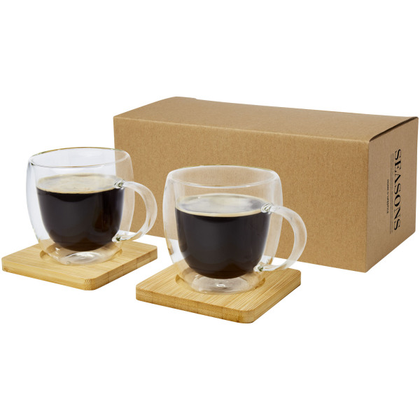 Manti 2-piece 250 ml double-wall glass cup with bamboo coaster - Transparent/Natural