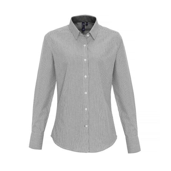 Ladies Long Sleeve Striped Oxford Shirt, White/Grey, L, Premier