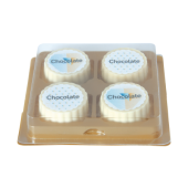 Logobonbon van witte chocolade met hazelnoot praline, rechthoekig of rond, opdruk tot in full colour, per 4 stuks verpakt