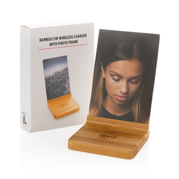 Bamboo 5W wireless charger with photo frame, brown