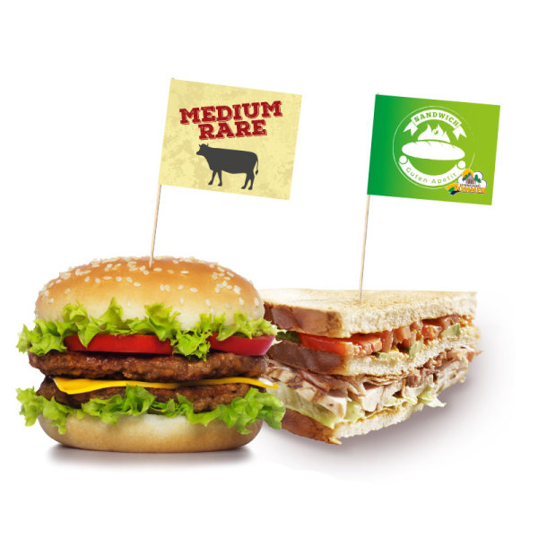 Bedrukte hamburgerprikkers-Sandwichprikkers kleine oplages digitaal geprint