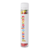 Transparant buisje met dop gevuld met ca. 17 gr. choco carletties full colour label