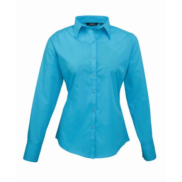 Ladies Long Sleeve Poplin Blouse, Turquoise Blue, 30, Premier