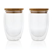 Dubbelwandig borosilicaatglas met bamboe deksel 350ml set, transparant