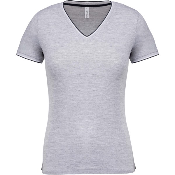 Dames-t-shirt piqué V-hals Oxford Grey / Navy / White XS