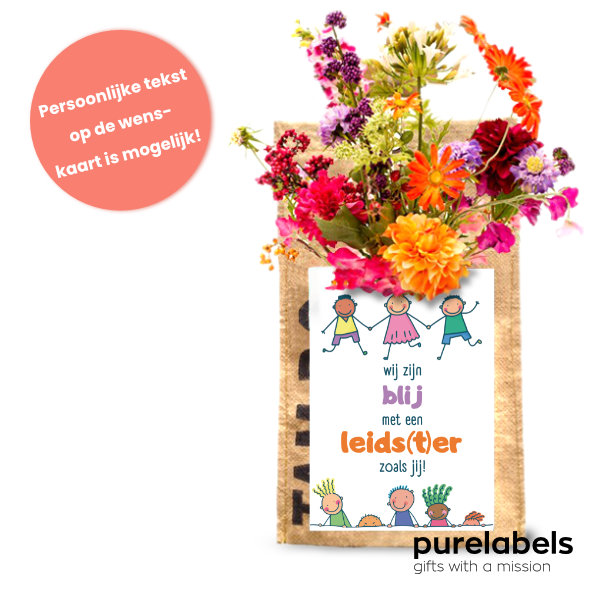 Dag van de pedagogisch medewerker | hangtuintje vlinderbloemen met wenskaart kindjes