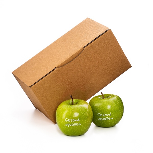 Verzendverpakking incl. 2 appels met witte bedrukking