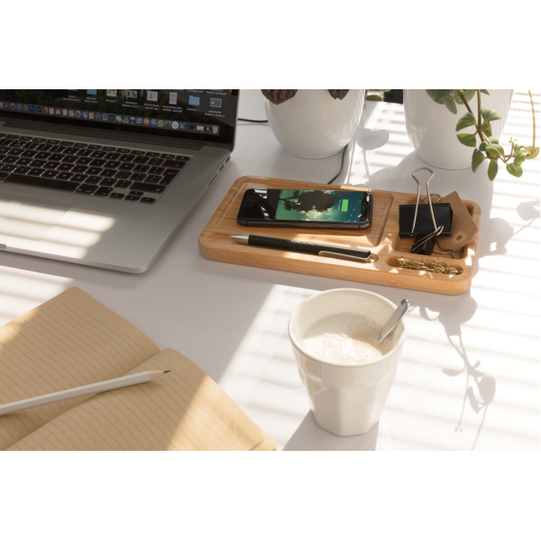 Bamboo desk organiser 10W wireless charger, brown