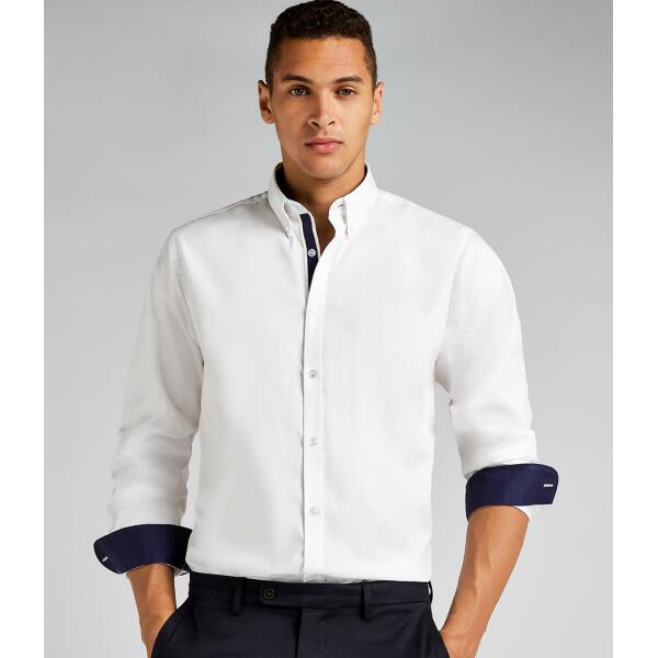 Premium Long Sleeve Contrast Tailored Oxford Shirt, White/Navy, XXL, Kustom Kit