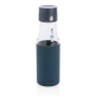 Ukiyo glass hydration tracking bottle with sleeve, blue