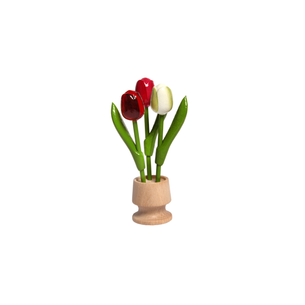 3 tulpen in een houten potje