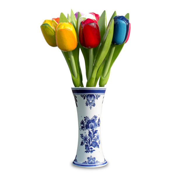 Delfts blauwe vaas met 9 grote tulpen