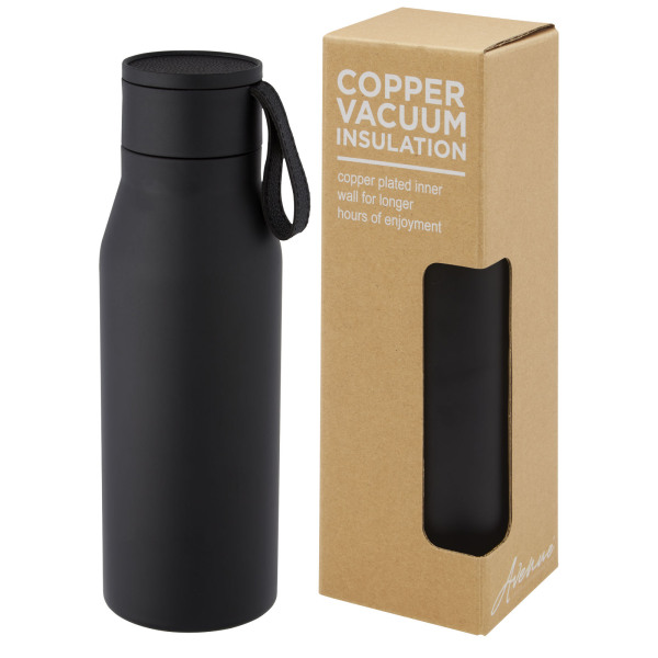 Ljungan 500 ml copper vacuum insulated stainless steel bottle with PU leather strap and lid - Solid black