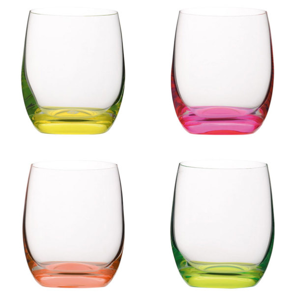 Set van 4 Bohemia Crystal glazen met neon-kleurige bodems 300 ml.