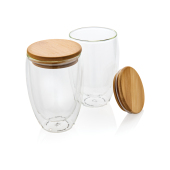 Dubbelwandig borosilicaatglas met bamboe deksel 350ml set, transparant