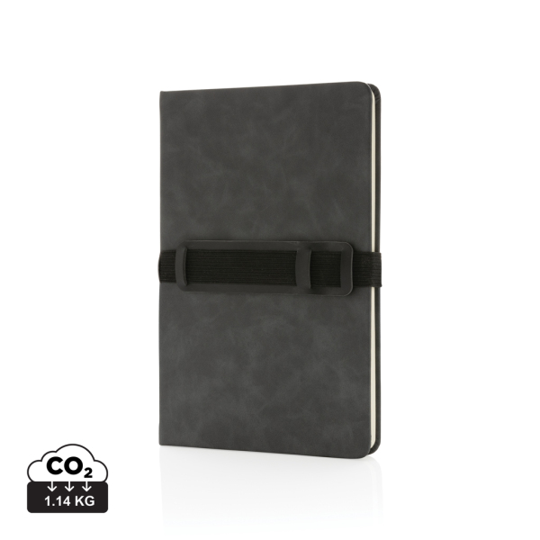Deluxe hardcover PU A5 notitieboek met telefoon-/penhouder, grijs