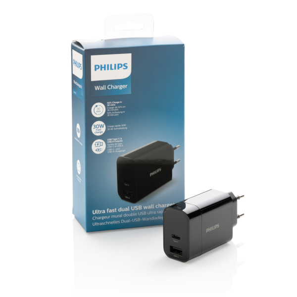 Philips 30W snellader met dual output en PD, zwart