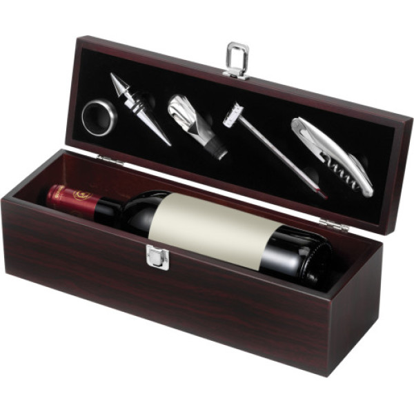 Luxe wijnset 5-delig in houten geschenkverpakking - Metaal