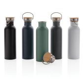 Moderne roestvrijstalen fles met bamboe deksel, grijs