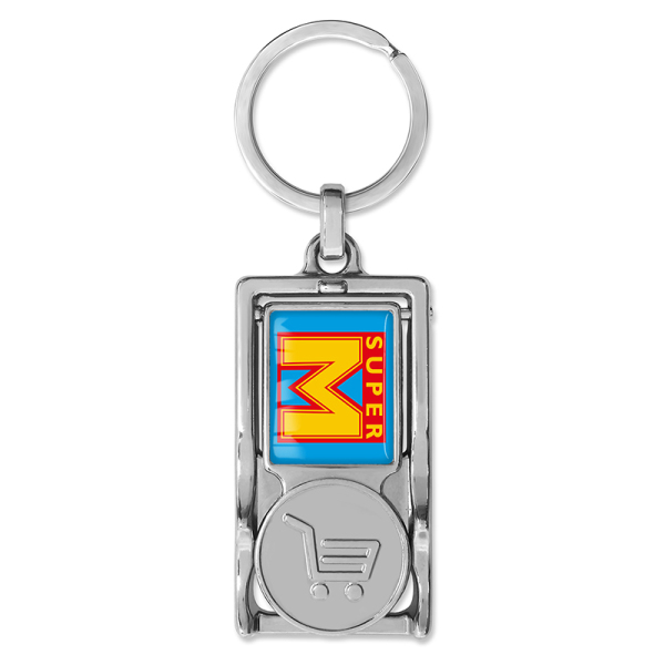 Zilveren multifunctionele sleutelhanger met opener, winkelwagenmunt en mobielhouder