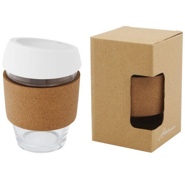 Lidan 360 ml borosilicate glass tumbler with cork grip and silicone lid - White
