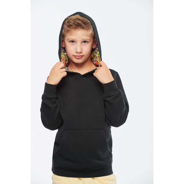 Unisex kindersweater met contrasterende capuchon met motief