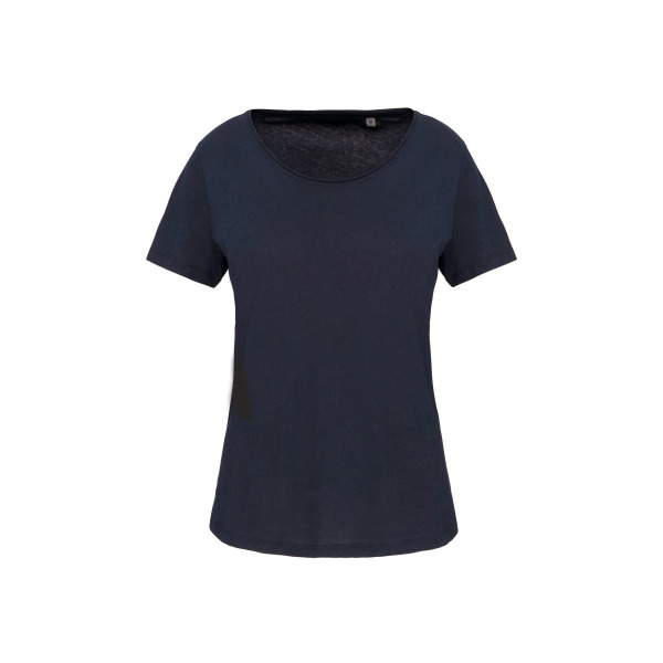Bio dames-t-shirt kraag met onafgewerkte rand korte mouwen Navy S
