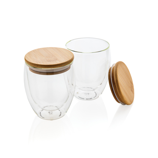 Dubbelwandig borosilicaatglas met bamboe deksel 250ml set, transparant