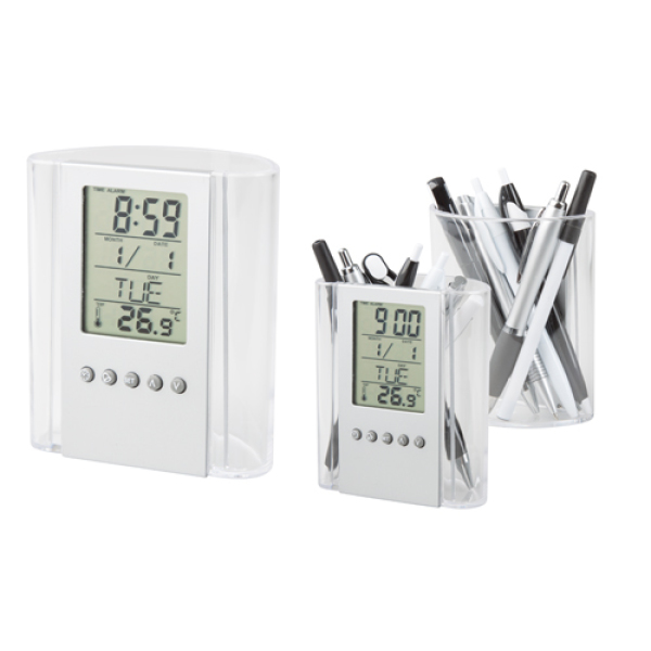 Pennenhouder met thermometer, tijdsweergave en kalender