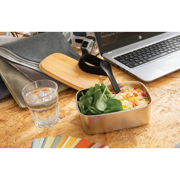 Stainless steel lunchbox with bamboo lid and spork, silver