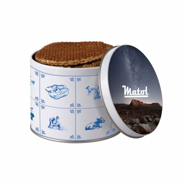 Delftsblauw blik stroopwafels met logo