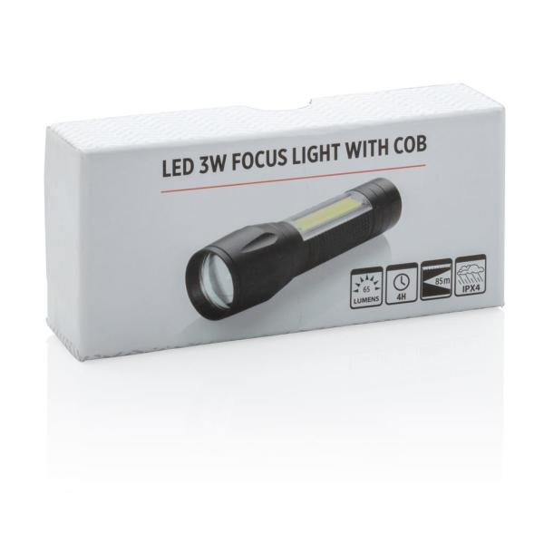 LED 3W focus zaklamp met COB, zwart