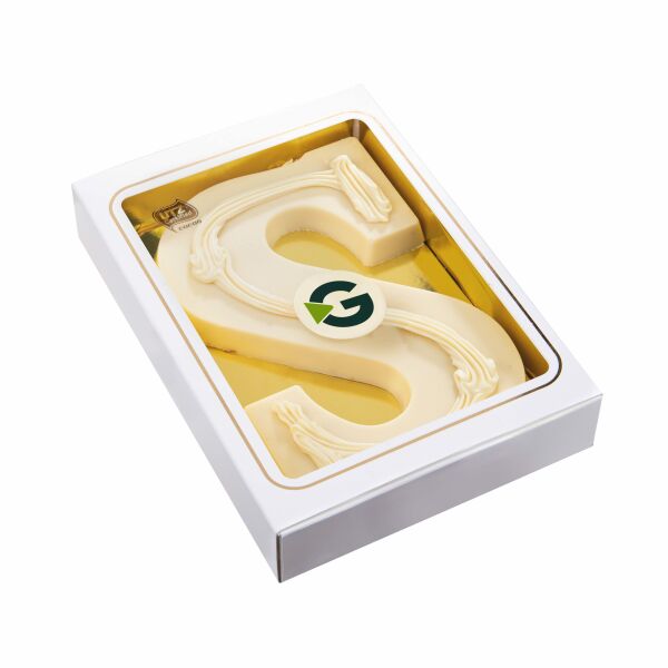 Sinterklaasletter "S" witte chocolade 200 gram met logo plaatje