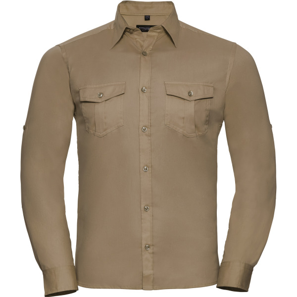 Men's Roll Sleeve Shirt - Long Sleeve Khaki Beige S