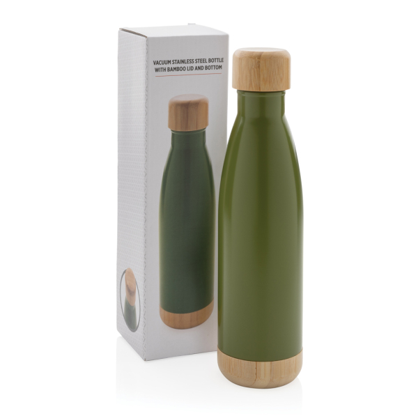 Vacuüm roestvrijstalen fles met bamboe deksel en bodem, groe