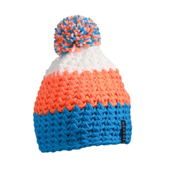 MB7940 Crocheted Cap with Pompon - pacific/neon-orange/white - one size