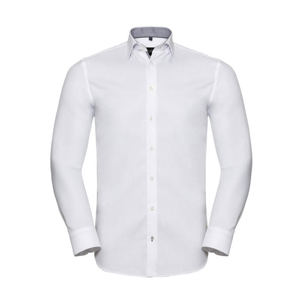 Tailored Contrast Herringbone Shirt LS - White/Silver/Convoy Grey - S