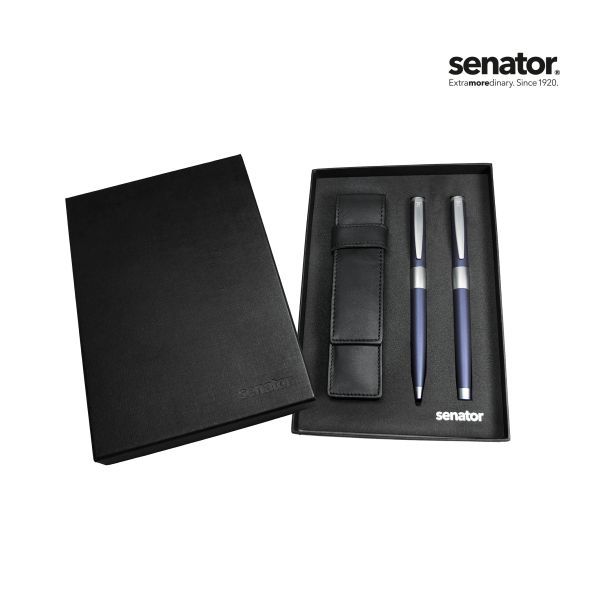 senator® Image Chrome Set (balpen+ Rollerball in doosje met lederen etui)