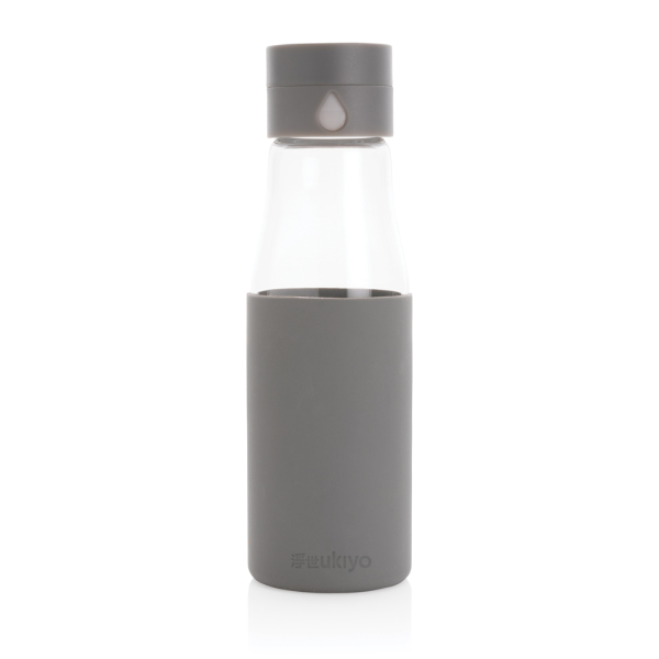 Ukiyo glazen hydratatie-trackingfles met sleeve, grijs
