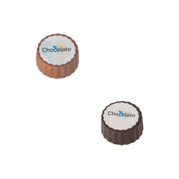 Logobonbon van puur/melk chocolade met hazelnoot praline, rechthoekig of rond, met wit plaatje opdruk tot in full colour, bulk verpakt