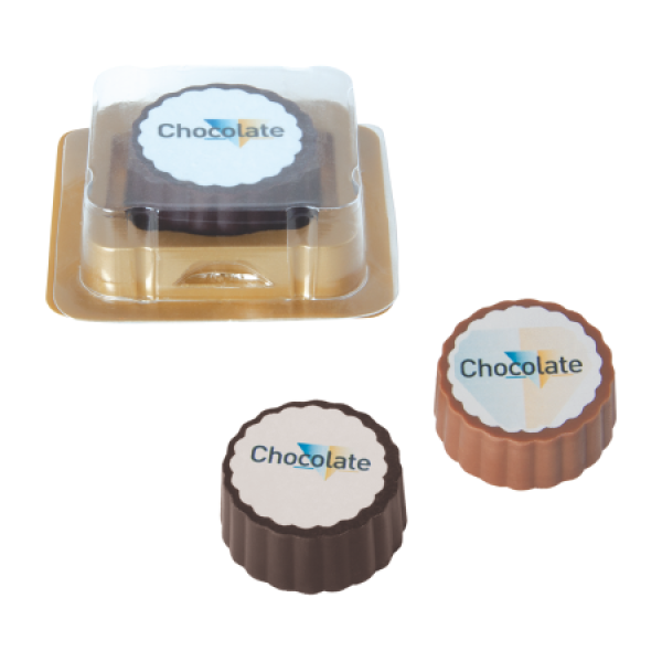 Logobonbon van puur/melk chocolade met hazelnoot praline, rechthoekig of rond, met wit plaatje opdruk tot in full colour, per stuk verpakt