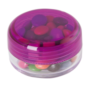 Kunststof rond potje met gekleurd deksel en ca. 12 gr. chococarletties TAMPONDRUK Kunststof rond potje met gekleurd deksel en ca. 12 gr. chococarletties TAMPONDRUK
