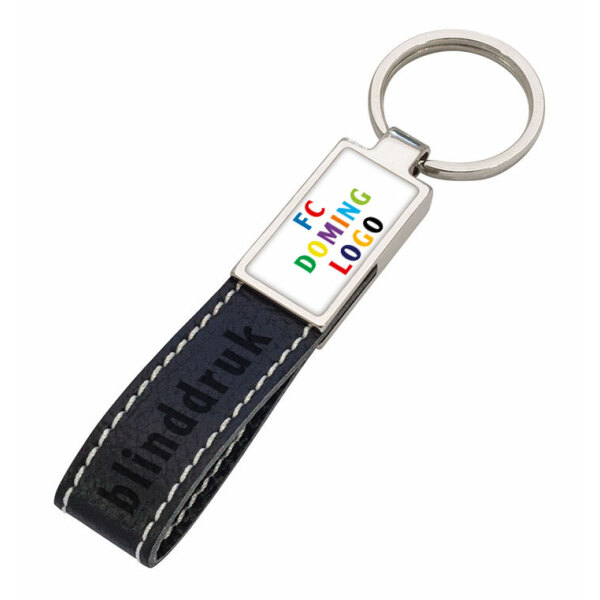 Sleutelhanger metaal PU doming rechthoek zwart Sleutelhanger metaal PU doming rechthoek zwart