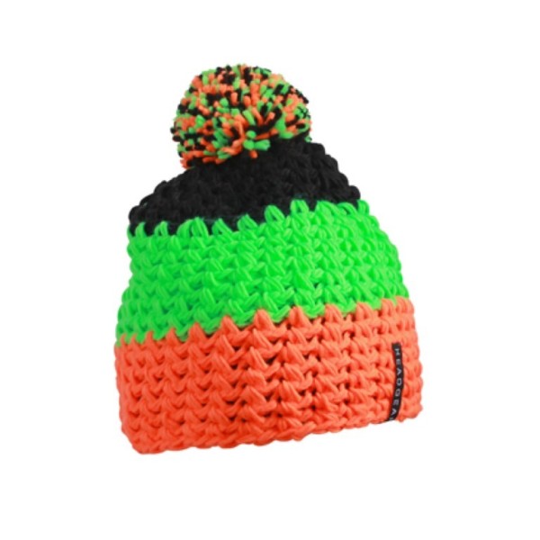MB7940 Crocheted Cap with Pompon - neon-orange/neon-green/black - one size