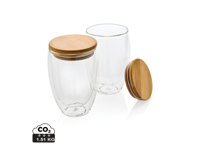Dubbelwandig borosilicaatglas met bamboe deksel 350ml set